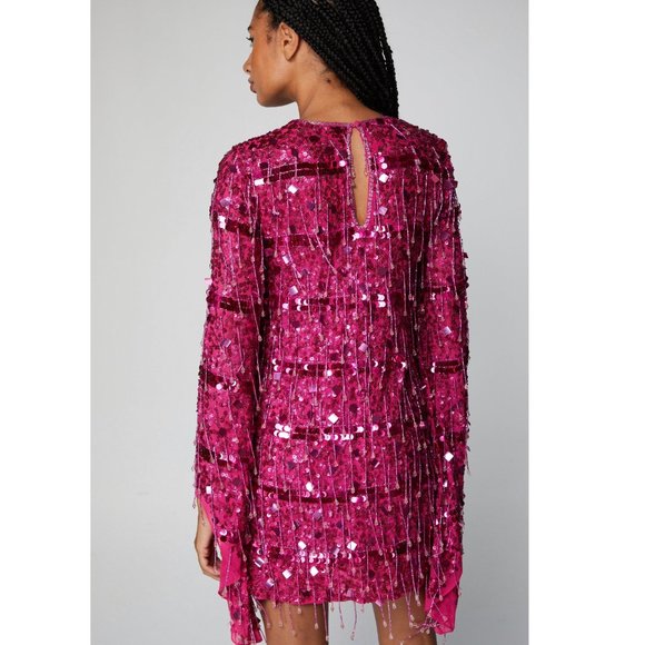 Hot Pink Beaded Tassel Flare Sleeve Mini Dress - Picture 4 of 8